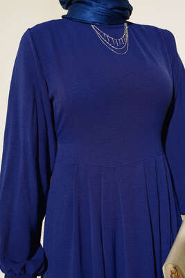 Pileli Ayrobin Elbise Lacivert - Tesettür Elbise