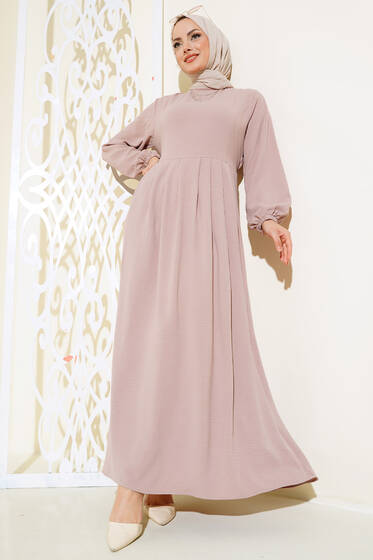 Pileli Ayrobin Elbise Latte - Elbise