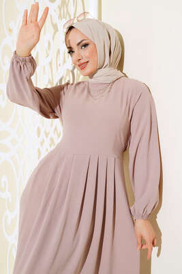 Pileli Ayrobin Elbise Latte - Tesettür Elbise