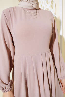 Pileli Ayrobin Elbise Latte - Tesettür Elbise