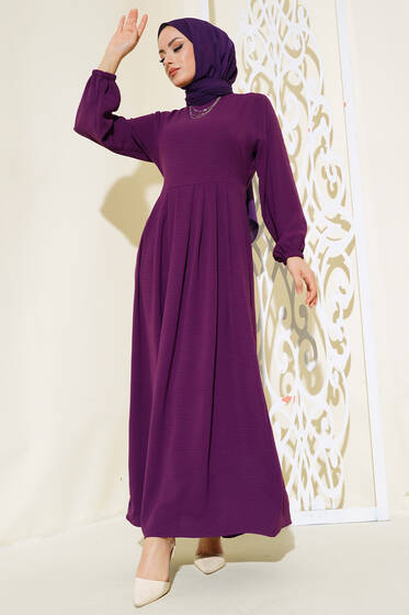 Pileli Ayrobin Elbise Mor - Tesettür Elbise