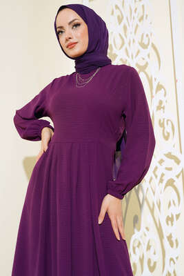 Pileli Ayrobin Elbise Mor - Tesettür Elbise