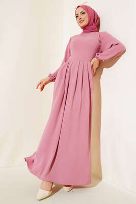 Pileli Ayrobin Elbise Pudra 