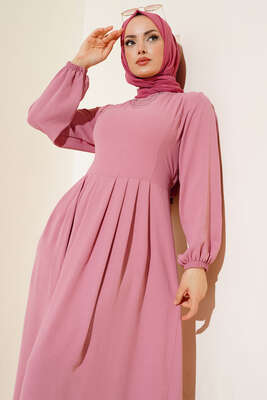 Pileli Ayrobin Elbise Pudra - Tesettür Elbise