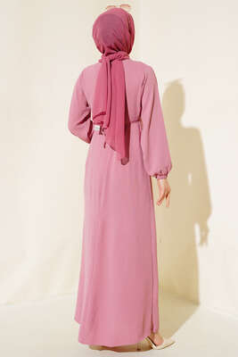 Pileli Ayrobin Elbise Pudra - Tesettür Elbise