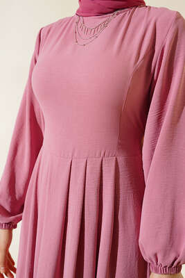 Pileli Ayrobin Elbise Pudra - Tesettür Elbise