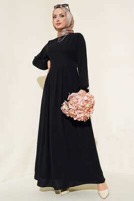 Pileli Ayrobin Elbise Siyah - Thumbnail
