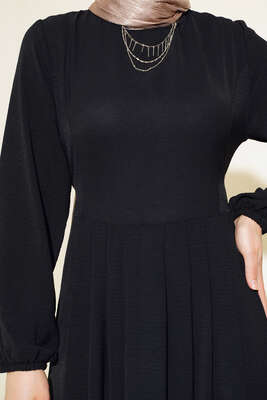 Pileli Ayrobin Elbise Siyah - Thumbnail