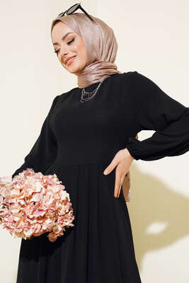 Pileli Ayrobin Elbise Siyah - Tesettür Elbise