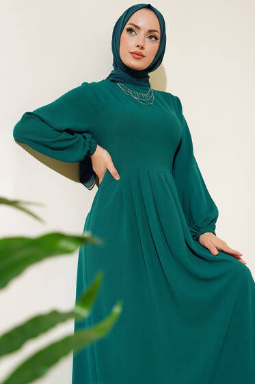 Pileli Ayrobin Elbise Zümrüt - Elbise