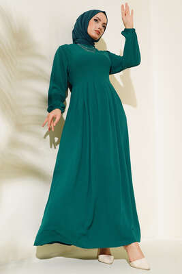 Pileli Ayrobin Elbise Zümrüt - Tesettür Elbise