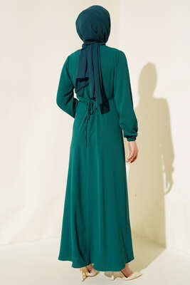 Pileli Ayrobin Elbise Zümrüt - Tesettür Elbise