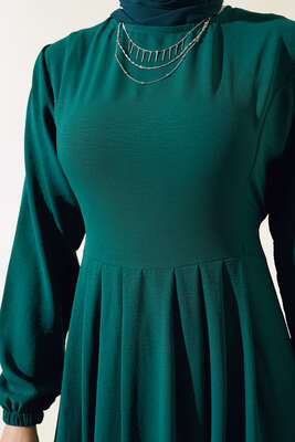 Pileli Ayrobin Elbise Zümrüt - Tesettür Elbise