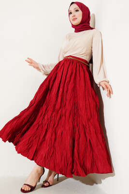 Pileli Bel Fermuarlı Kraş Etek Bordo - Uzun Etek