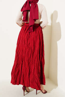 Pileli Bel Fermuarlı Kraş Etek Bordo - Uzun Etek