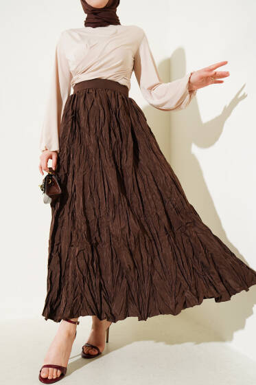 Pileli Bel Fermuarlı Kraş Etek Kahve - Etek