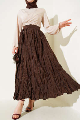 Pileli Bel Fermuarlı Kraş Etek Kahve - MISRA