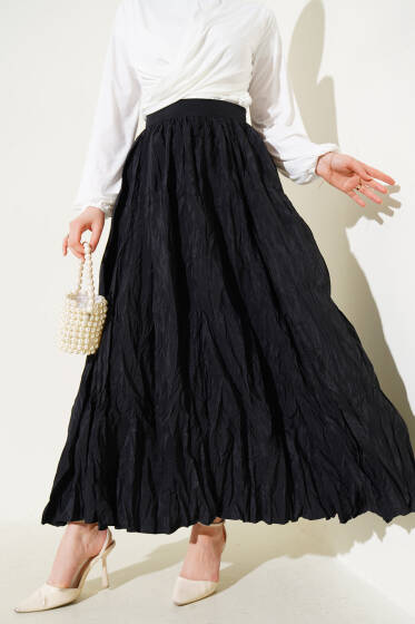 Pileli Bel Fermuarlı Kraş Etek Siyah - Etek