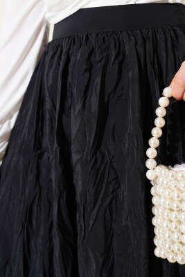 Pileli Bel Fermuarlı Kraş Etek Siyah - Uzun Etek