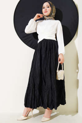 Pileli Bel Fermuarlı Kraş Etek Siyah - Uzun Etek
