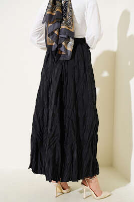 Pileli Bel Fermuarlı Kraş Etek Siyah - Uzun Etek