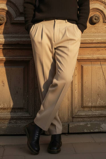 Pileli Bel Lastikli Baggy Erkek Pantolon Bej - Erkek Pantolon