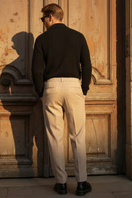Pileli Bel Lastikli Baggy Erkek Pantolon Bej - Erkek Pantolon