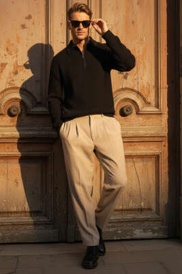 Pileli Bel Lastikli Baggy Erkek Pantolon Bej - GAVAZZİ