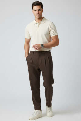 Pileli Bel Lastikli Baggy Erkek Pantolon Kahve - Erkek Pantolon