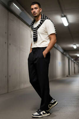 Pileli Bel Lastikli Baggy Erkek Pantolon Siyah - GAVAZZİ