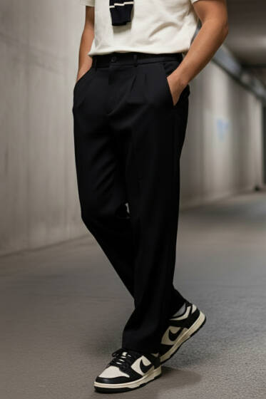 Pileli Bel Lastikli Baggy Erkek Pantolon Siyah - Erkek Pantolon