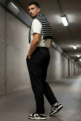 Pileli Bel Lastikli Baggy Erkek Pantolon Siyah - Erkek Pantolon