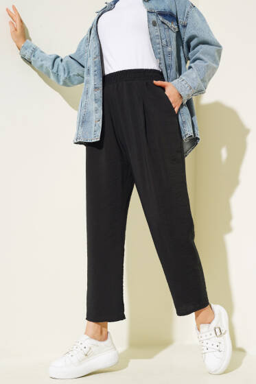 Pileli Bel Lastikli Pantolon Siyah - Pantolon