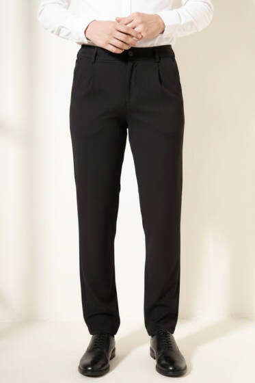 Pileli Beli Lastikli Erkek Pantolon Siyah - Erkek Pantolon