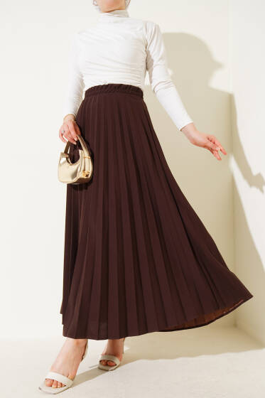 Pileli Beli Lastikli Etek Acı Kahve - Etek