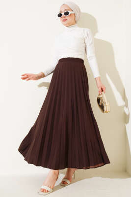 Pileli Beli Lastikli Etek Acı Kahve - Uzun Etek