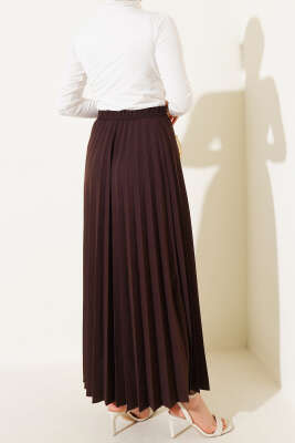 Pileli Beli Lastikli Etek Acı Kahve - Uzun Etek