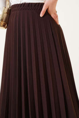 Pileli Beli Lastikli Etek Acı Kahve - Uzun Etek