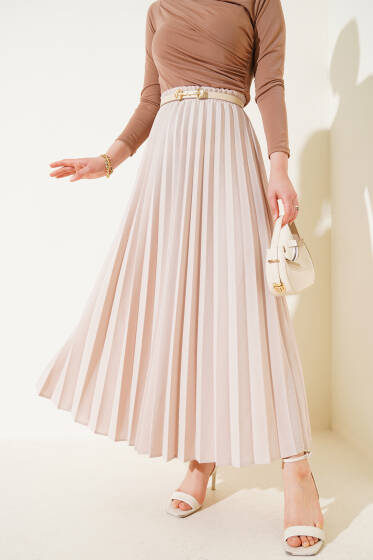 Pileli Beli Lastikli Etek Bej - Etek