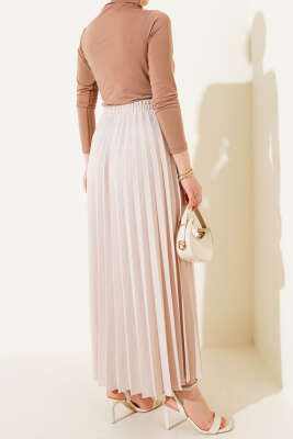 Pileli Beli Lastikli Etek Bej - Uzun Etek