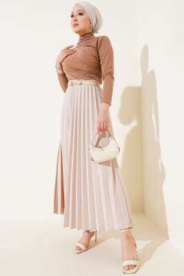 Pileli Beli Lastikli Etek Bej - Uzun Etek