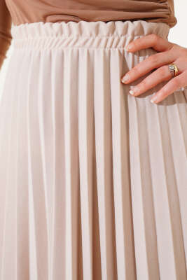 Pileli Beli Lastikli Etek Bej - Uzun Etek