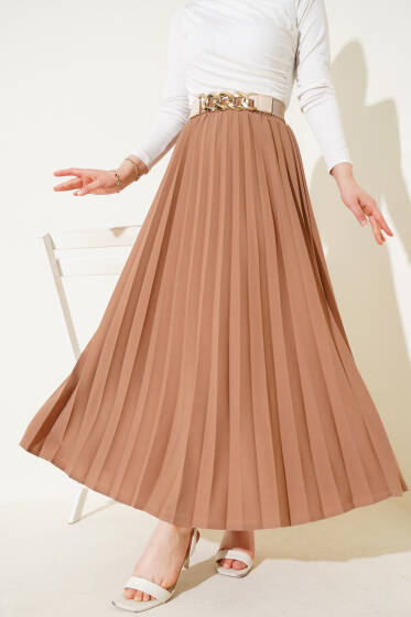 Pileli Beli Lastikli Etek Camel - Etek