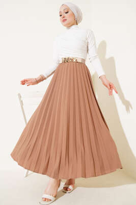 Pileli Beli Lastikli Etek Camel - Uzun Etek