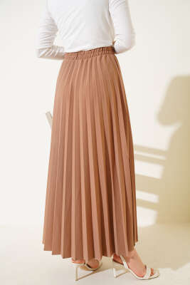 Pileli Beli Lastikli Etek Camel - Uzun Etek