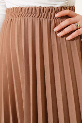Pileli Beli Lastikli Etek Camel - Uzun Etek