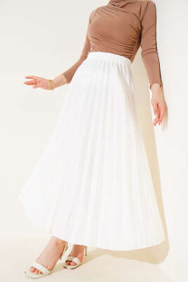 Pileli Beli Lastikli Etek Ekru