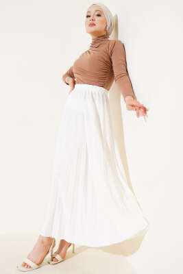 Pileli Beli Lastikli Etek Ekru - Uzun Etek