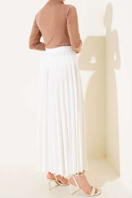 Pileli Beli Lastikli Etek Ekru - Uzun Etek