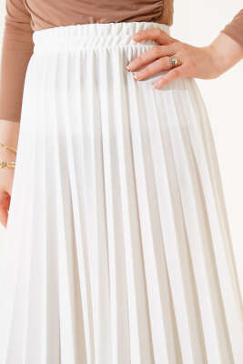 Pileli Beli Lastikli Etek Ekru - Uzun Etek
